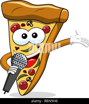 Pizza slice cartoon funny microphone presenting isolated on white Stock Vector