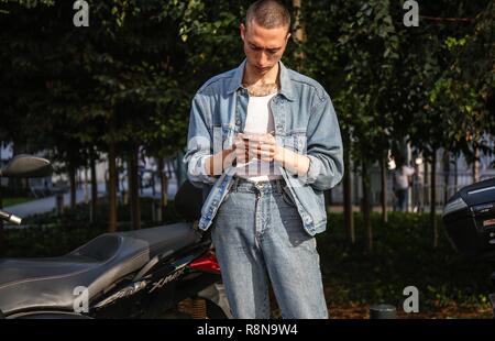 PARIS, France- September 27 2018: Men on the street during the Paris Fashion Week. Stock Photo