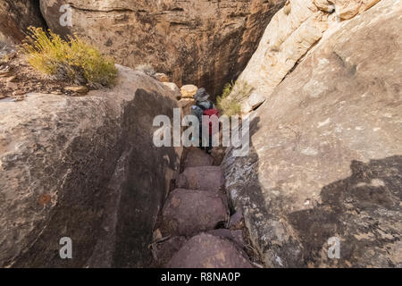 Karen Rentz squeezing through the Joint Trail along the Chesler Park Loop Trail in the Needles District of Canyonlands National Park, Utah, October, U Stock Photo