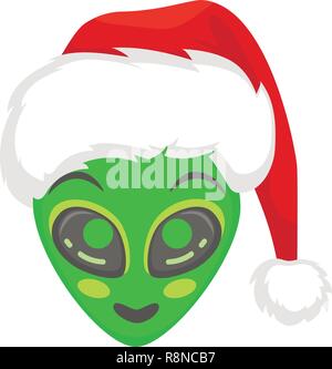 Alien face emoji. Alien green head in santa hat - Cute. Humanoid vector illustration Stock Vector