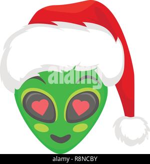 Alien face emoji. Alien green head in santa hat - love. Humanoid vector illustration Stock Vector