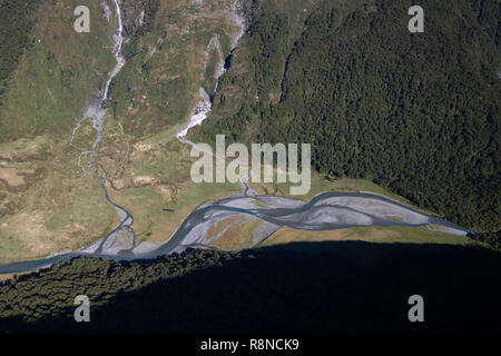 Aerial of braided river, Mt Aspiring National Park, South Island, New Zealand