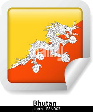 Flag of Bhutan. Round glossy sticker Stock Vector