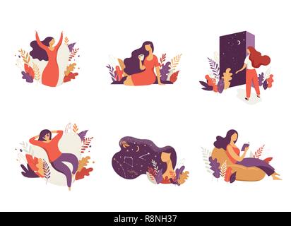 Feminine concept illustration, beautiful women, different situations. Characters decorated with flowers and leaves. Stock Vector