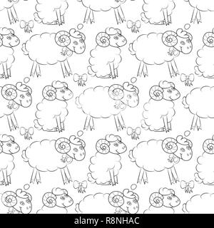 Furry sheep flying in the sky with clouds. Cute baby Wallpaper . Vector illustration. Seamless pattern background Stock Vector
