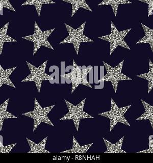 Silver stars. Dark black background. Seamless pattern. Vector illustration. The texture of glitter Stock Vector