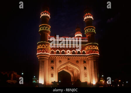 illuminated Charminar was built in 1591 AD Sultan Mohammed gave precedence to the building of Charminar at night, Hyderabad, Andhra Pradesh, India Stock Photo