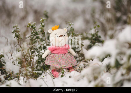 SYKTYVKAR, RUSSIA - DECEMBER 16, 2018: Illustrative image. Elephant toy knitted in the technique of knitting amigurumi Stock Photo