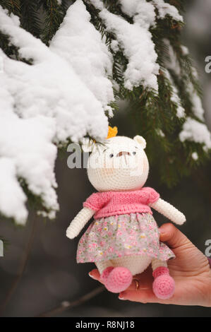 SYKTYVKAR, RUSSIA - DECEMBER 16, 2018: Illustrative image. Elephant toy knitted in the technique of knitting amigurumi Stock Photo