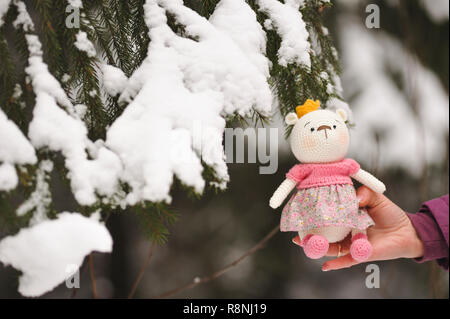 SYKTYVKAR, RUSSIA - DECEMBER 16, 2018: Illustrative image. Elephant toy knitted in the technique of knitting amigurumi Stock Photo