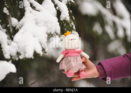 SYKTYVKAR, RUSSIA - DECEMBER 16, 2018: Illustrative image. Elephant toy knitted in the technique of knitting amigurumi Stock Photo