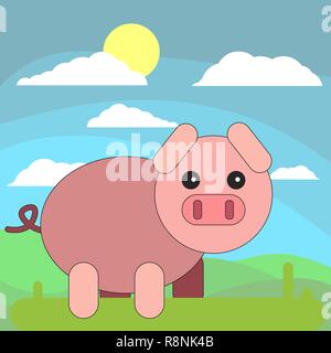 Pig in cartoon flat style on the background of meadows, sun and clouds. Vector illustration on white background. Stock Vector