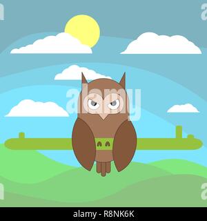 Owl in cartoon flat style on the background of meadows, sun and clouds. Vector illustration on white background. Stock Vector