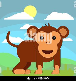 Monkey in cartoon flat style on the background of meadows, sun and clouds. Vector illustration on white background. Stock Vector