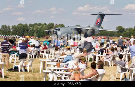 RAF demonstrating the A400M Atlas in front of spectators in the Cotswold Club at the 2018 Royal International Air Tattoo Stock Photo