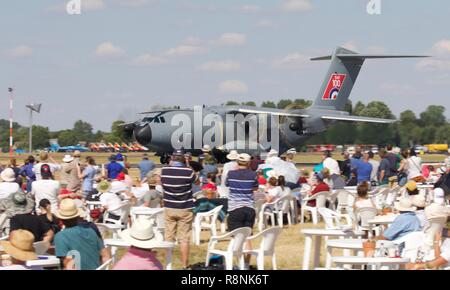 RAF demonstrating the A400M Atlas in front of spectators in the Cotswold Club at the 2018 Royal International Air Tattoo Stock Photo