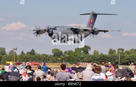 RAF demonstrating the A400M Atlas in front of spectators in the Cotswold Club at the 2018 Royal International Air Tattoo Stock Photo