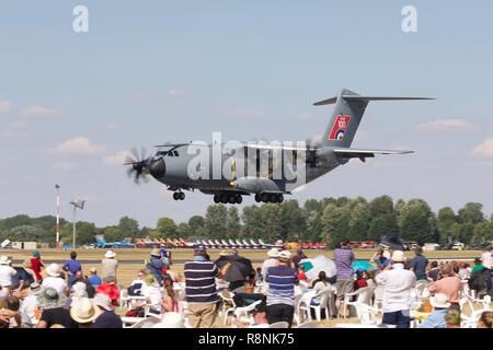 RAF demonstrating the A400M Atlas in front of spectators in the Cotswold Club at the 2018 Royal International Air Tattoo Stock Photo