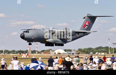 RAF demonstrating the A400M Atlas in front of spectators in the Cotswold Club at the 2018 Royal International Air Tattoo Stock Photo