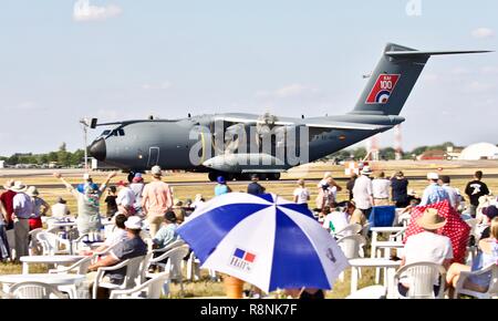 RAF demonstrating the A400M Atlas in front of spectators in the Cotswold Club at the 2018 Royal International Air Tattoo Stock Photo