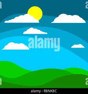 Cartoon children s background field with the sun behind the clouds. Vector illustration Stock Vector