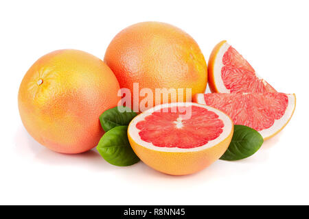grapefruit and slices with leaves isolated on white background Stock Photo