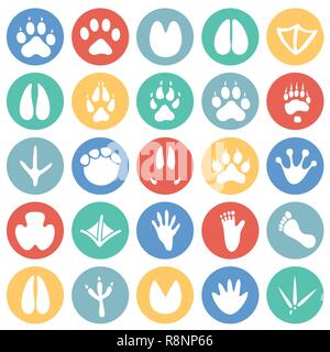 Animal foot prints icons set on color circles background for graphic and web design, Modern simple vector sign. Internet concept. Trendy symbol for website design web button or mobile app. Stock Vector