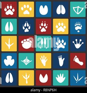 Animal foot prints icons set on color squares background for graphic and web design, Modern simple vector sign. Internet concept. Trendy symbol for website design web button or mobile app. Stock Vector