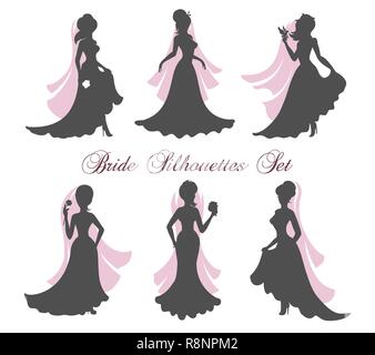 Six Silhouettes of brides in bridal veil. Vector illustration. Stock Vector