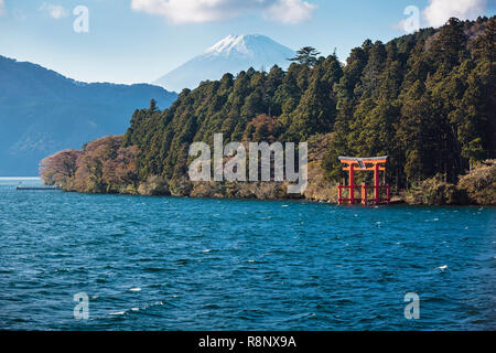 Torii Gate on Lake Ashi with Mt Fuji Stock Photo