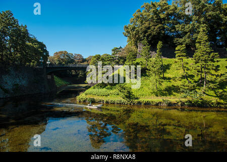 Security patrol around the moat at The Tokyo Imperial Palace Stock Photo