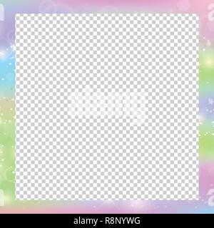 Holographic magical square frame with fairy sparkles, stars and blurs. Magic border with rainbow mesh, space for text. Cute universe template in unico Stock Vector