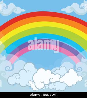 Cartoon vector multicolored kids illustration of fairytale magic landscape rainbow in cloudy sky. Abstract texture with cute clouds close up view and  Stock Vector