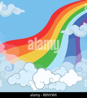 Cartoon vector bright colored baby illustration of fantasy magical landscape rainbow in cloudy sky. Abstract texture with clouds close up view and cop Stock Vector