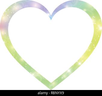 Fantasy gradient hologram heart shaped border, template with magic glowing stars and blurs. Unicorn with rainbow mesh photo frame on white background. Stock Vector