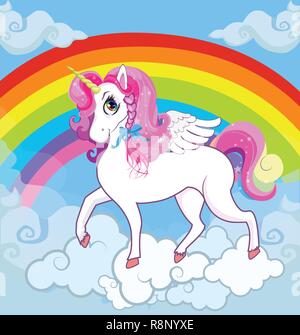 Multicolor vector cartoon kids Illustration of white pony unicorn princess character with big eyes, golden horn, feather wings, hooves on the cloud wi Stock Vector