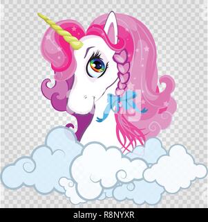 Cartoon white pony unicorn head with pink hair portrait in curly clouds on transparent background. Vector illustration, icon, sticker, clip art for ki Stock Vector