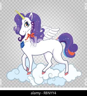 Graceful white unicorn on clouds isolated on transparent background. T-shirt graphic for kids clothing, print, surface design, fashion baby wear. Vect Stock Vector