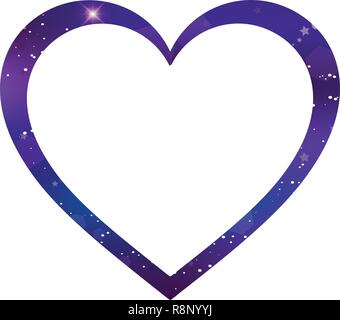 Vector fantastic galaxy heart shaped photo frame isolated on white background. Purple neon magic icon, night starry sky love symbol for valentine gree Stock Vector