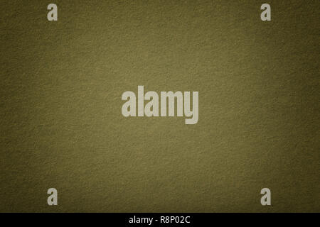 Dark green matte background of suede fabric, closeup. Velvet texture of seamless olive woolen felt with vignette. Stock Photo