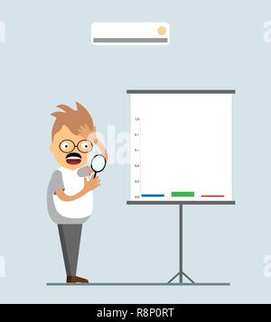 Office. A manager looks at a chart with declining growth. Financial downturn. Frustrated feelings. Vector illustration. Stock Vector