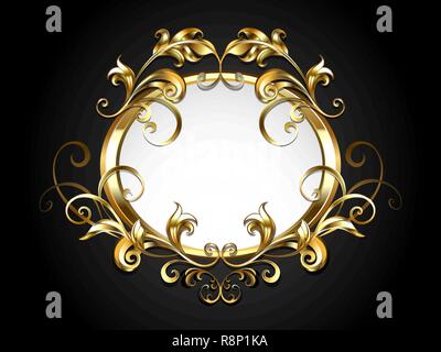 Golden oval banner, decorated with antique, volumetric,  patterned gold frame scroll on black background. Stock Vector