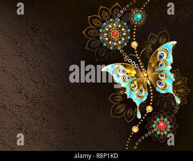 Textured brown background with jewelry turquoise butterfly and oriental ornaments. Stock Vector