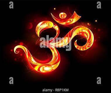 Patterned ohm symbol from bright flame on black background. Stock Vector