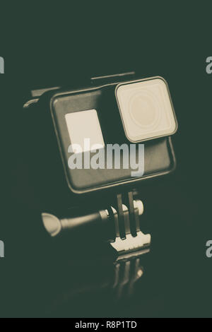 Close up shot of a small action camera. Stock Photo