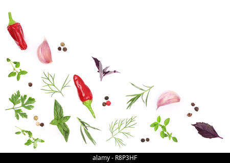 Fresh spices and herbs isolated on white background with copy space for your text. Dill parsley basil thyme Top view Stock Photo