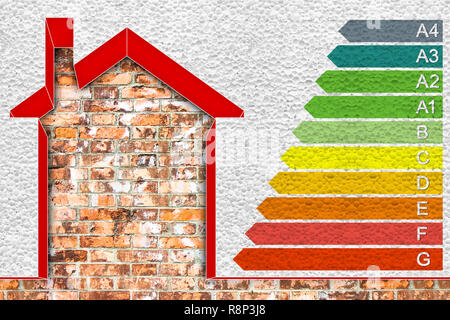 Buildings energy efficiency. Concept image with home thermally insulated with polystyrene walls and energy classes according to the new European law i Stock Photo