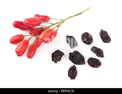 dried and fresh barberry isolated on white background. top view Stock Photo