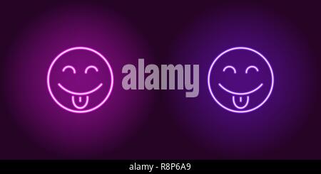 Neon illustration of teasing emoji. Vector icon of cartoon teasing emoji with tongue and narrowed eyes in outline neon style, purple and violet colors Stock Vector