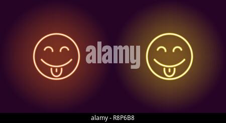 Neon illustration of teasing emoji. Vector icon of cartoon teasing emoji with tongue and narrowed eyes in outline neon style, orange and yellow colors Stock Vector